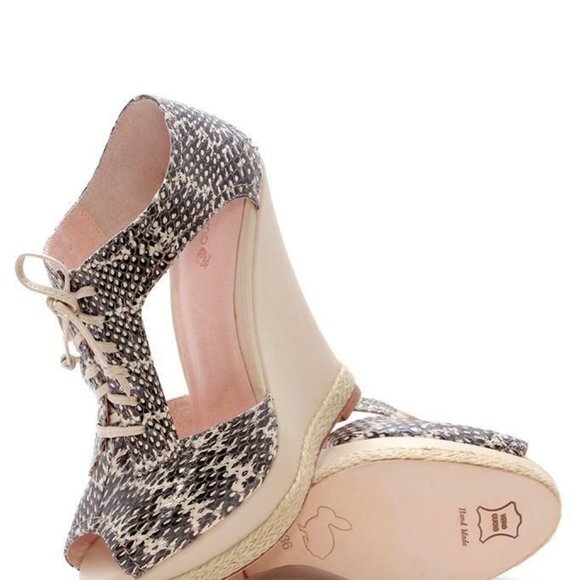 Plomo Esther Wedge Light Peach Snake Snakeskin T-Strap Cut-out lace up Sandal - Picture 6 of 6